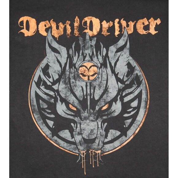 Devil Driver Graphic Black Band Short Sleeve T-Shirt Mens XL Orange Wolf - Picture 2 of 5